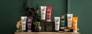 A variety of Grandpa Soap Co. shampoo and conditioner tubes in different colors are arranged on a wooden table with small plants, a toothbrush, and decorative boxes against a dark green wall.