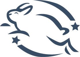 Stylized illustration of a leaping rabbit surrounded by three stars and curved lines, suggesting motion and energy.