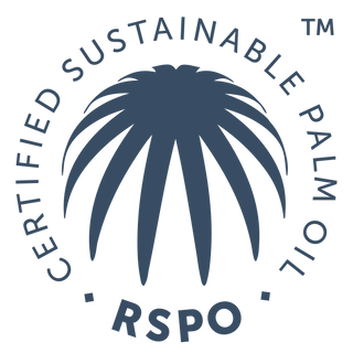 RSPO logo featuring a stylized palm frond in dark blue with the words Certified Sustainable Palm Oil around it and RSPO below.