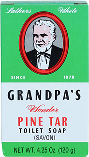 A green and white box of Grandpa’s Wonder Pine Tar Toilet Soap features an illustrated portrait of an elderly bearded man in a red oval frame with product details in bold black and red text. Net weight is 4.25 oz (120 g).