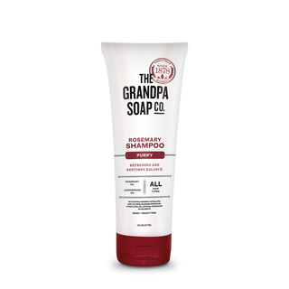 The Grandpa Soap Co.'s Rosemary Shampoo in a white tube, "Purify," rejuvenates with rosemary oil, refreshes and restores balance, suits all hair types, and is vegan and cruelty-free.