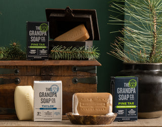 A rustic display with two boxes and bars of The Grandpa Soap Co. soaps, pine sprigs, a vintage trunk, and a black vase with pine branches against a dark green wall.