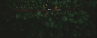A white car is parked on a narrow dirt road surrounded by dense, dark green forest. The image is taken from above, highlighting the contrast between the road, car, and surrounding trees.